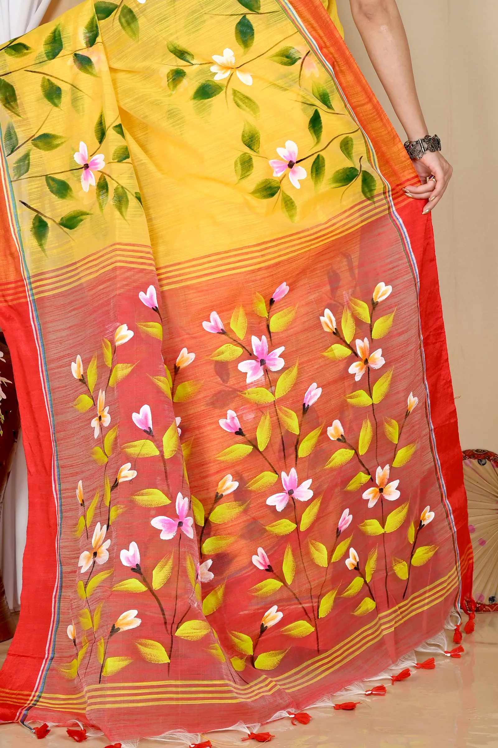 Yellow Red Blended Cotton Slabakato Hand Painted Saree (1677)