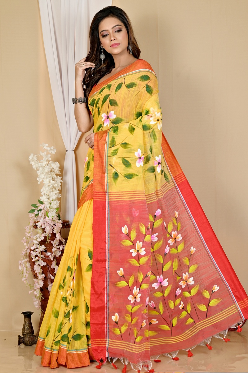 Yellow Red Blended Cotton Slabakato Hand Painted Saree (1677)