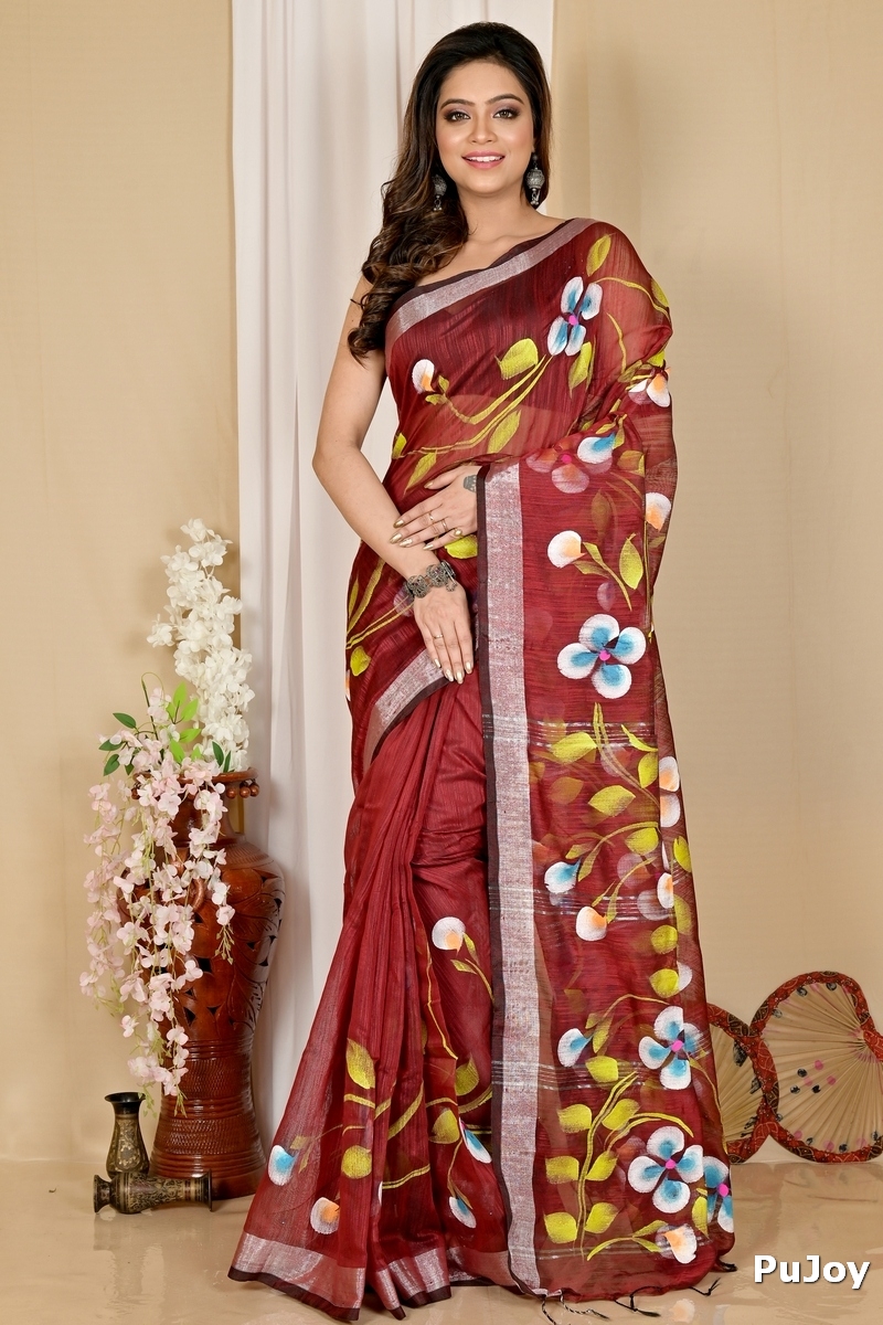 Brown Blended Cotton Tanikato Hand Painted Saree (1678)