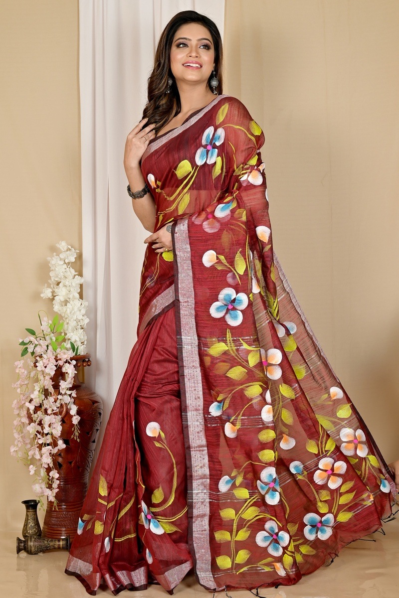 Brown Blended Cotton Tanikato Hand Painted Saree (1678)