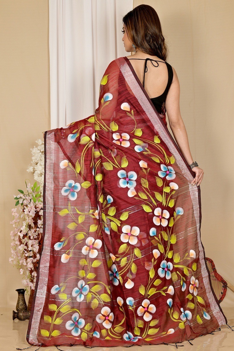 Brown Blended Cotton Tanikato Hand Painted Saree (1678)