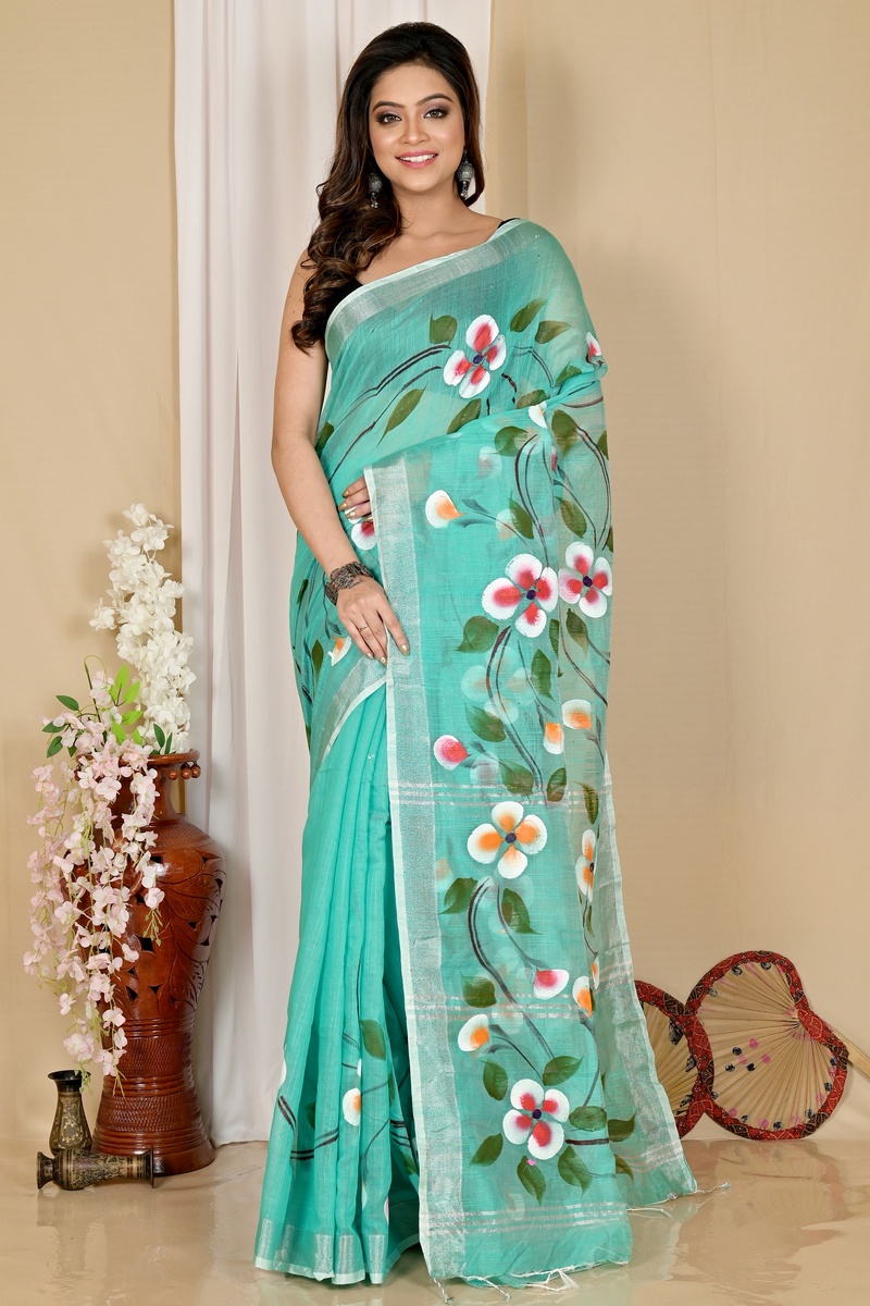 See Green Blended Cotton Tanikato Hand Painted Saree (1679)