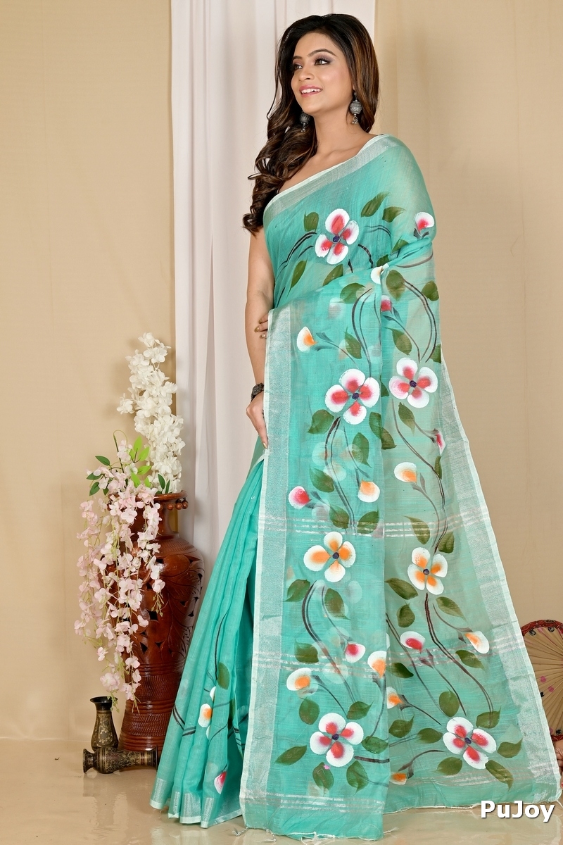 See Green Blended Cotton Tanikato Hand Painted Saree (1679)
