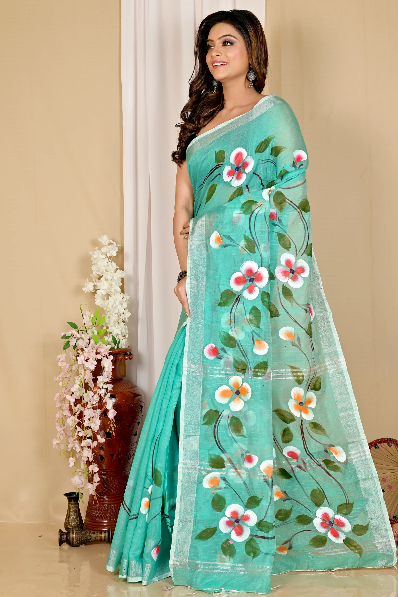 See Green Blended Cotton Tanikato Hand Painted Saree (1679)