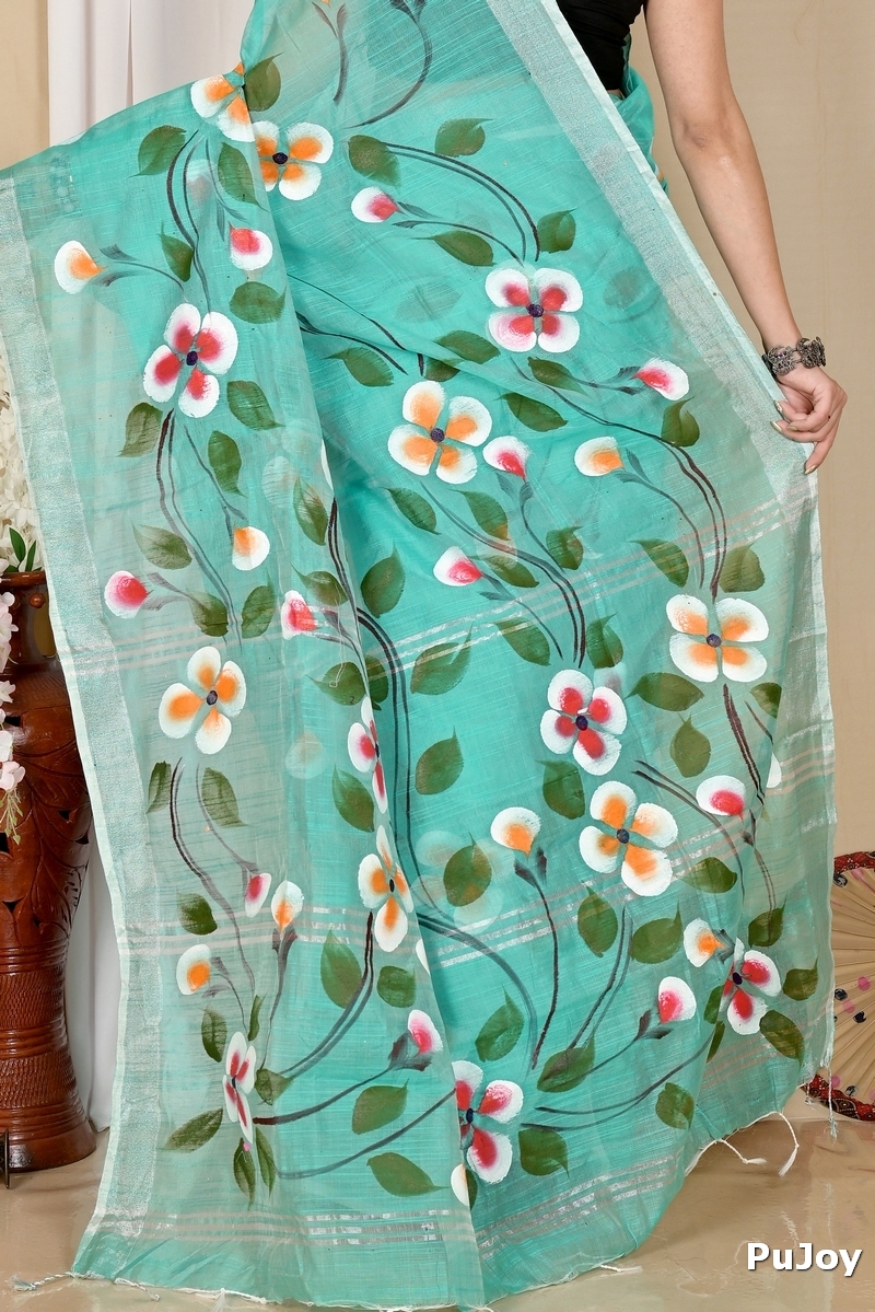See Green Blended Cotton Tanikato Hand Painted Saree (1679)