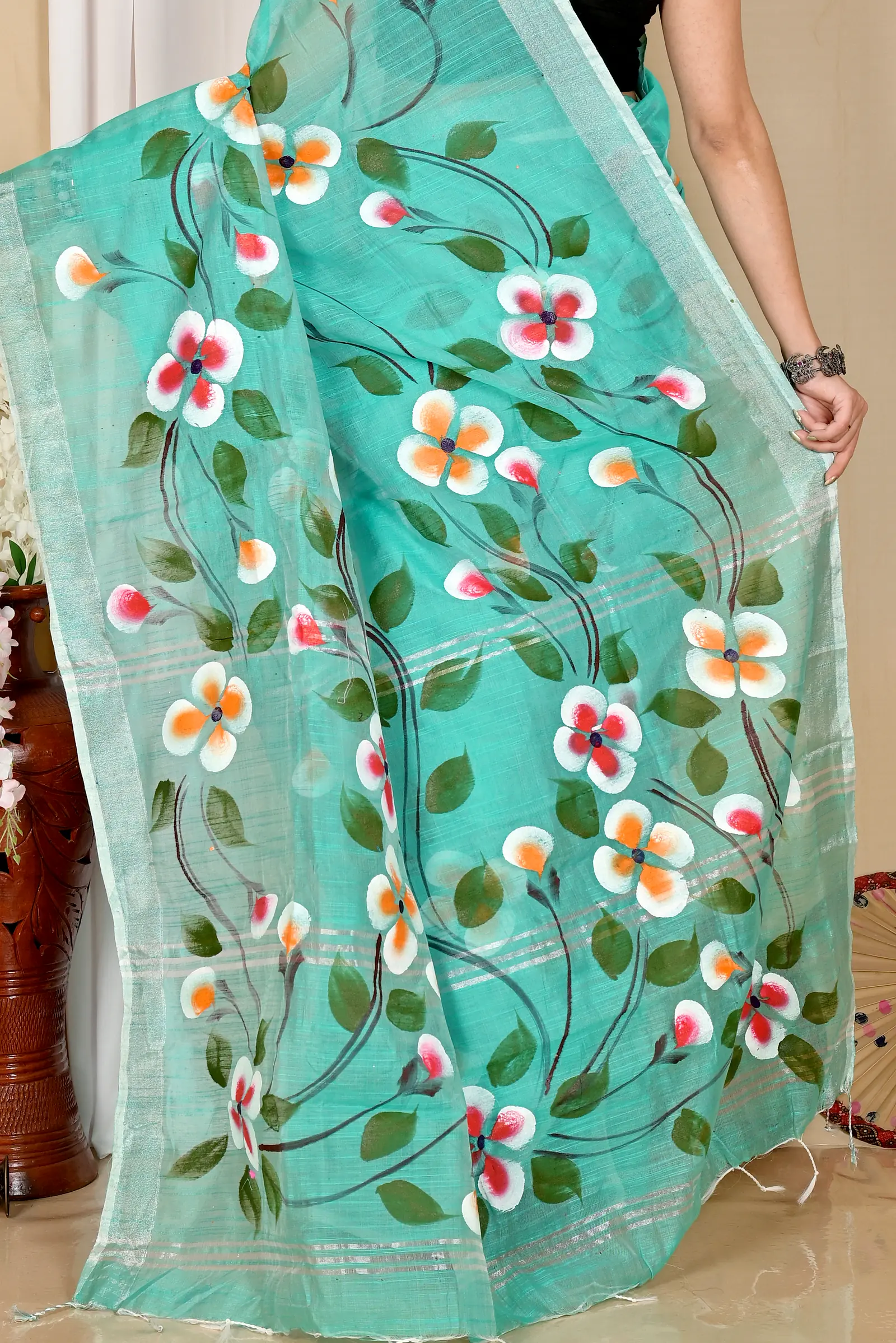 See Green Blended Cotton Tanikato Hand Painted Saree (1679)