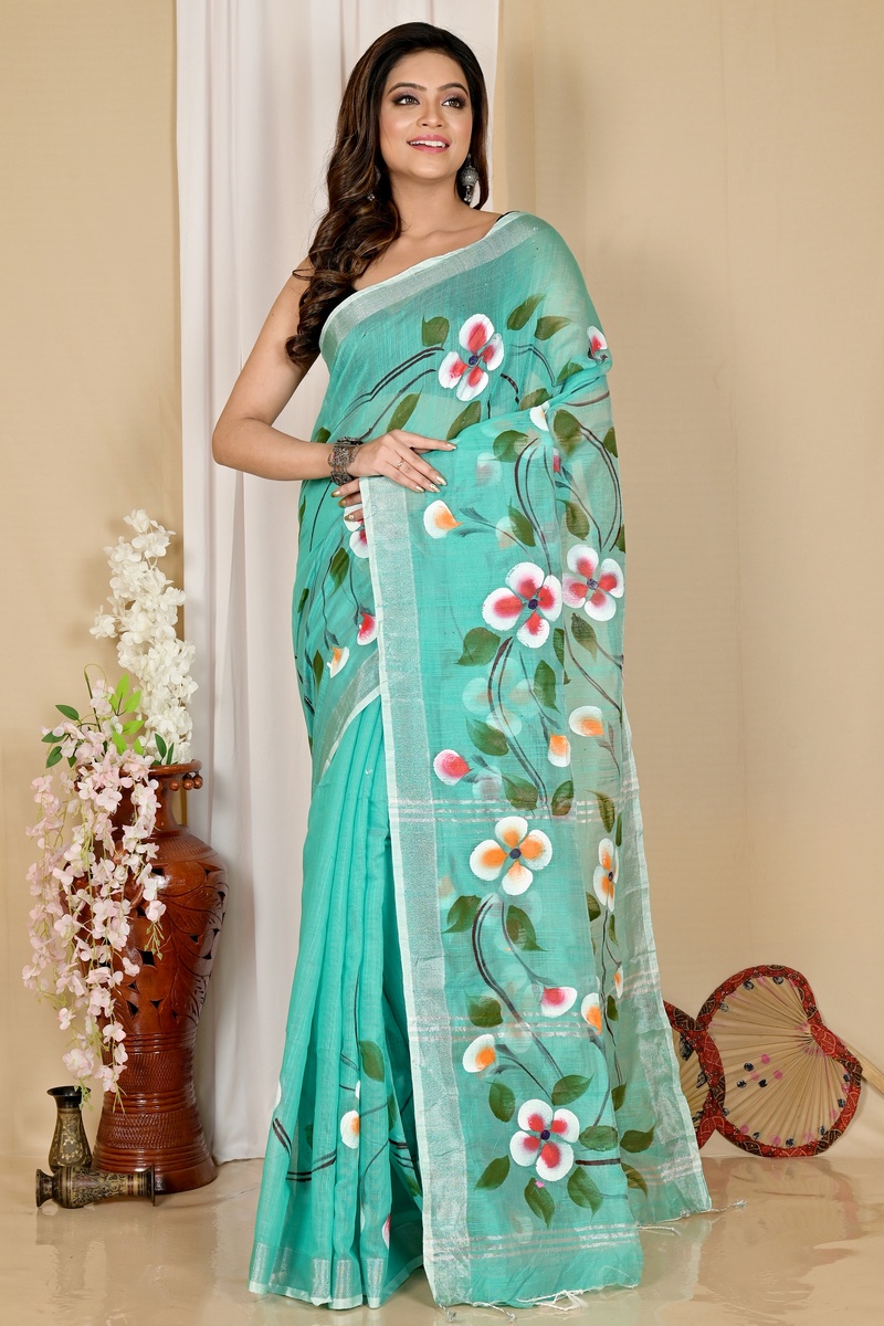 See Green Blended Cotton Tanikato Hand Painted Saree (1679)