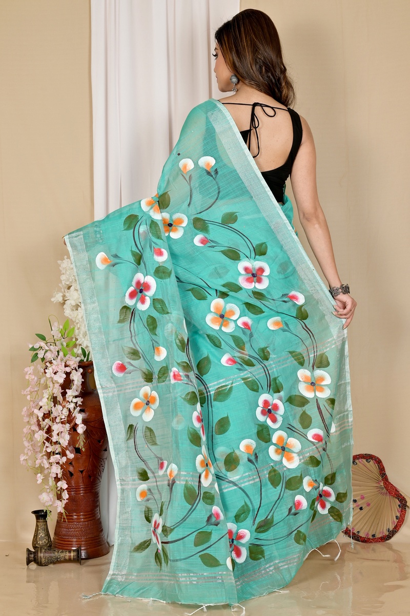 See Green Blended Cotton Tanikato Hand Painted Saree (1679)