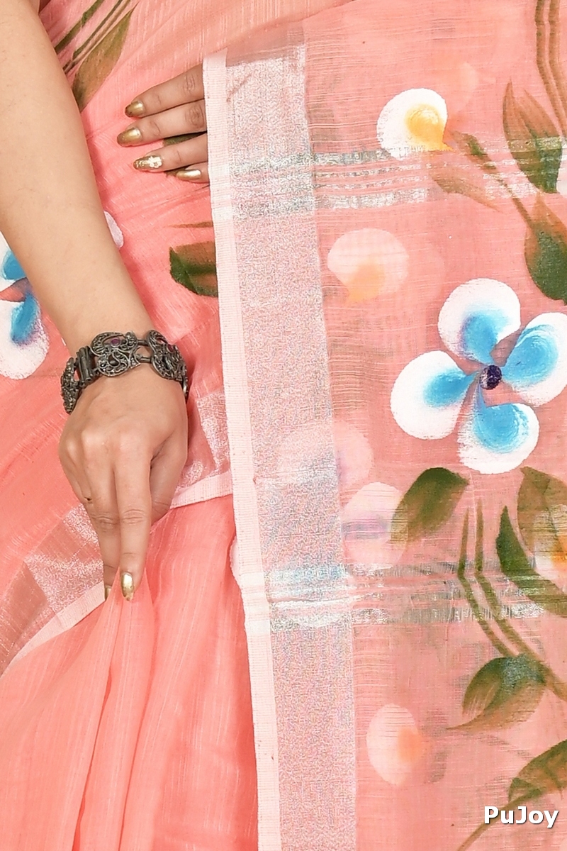 Peach Blended Cotton Tanikato Hand Painted Saree (1680)