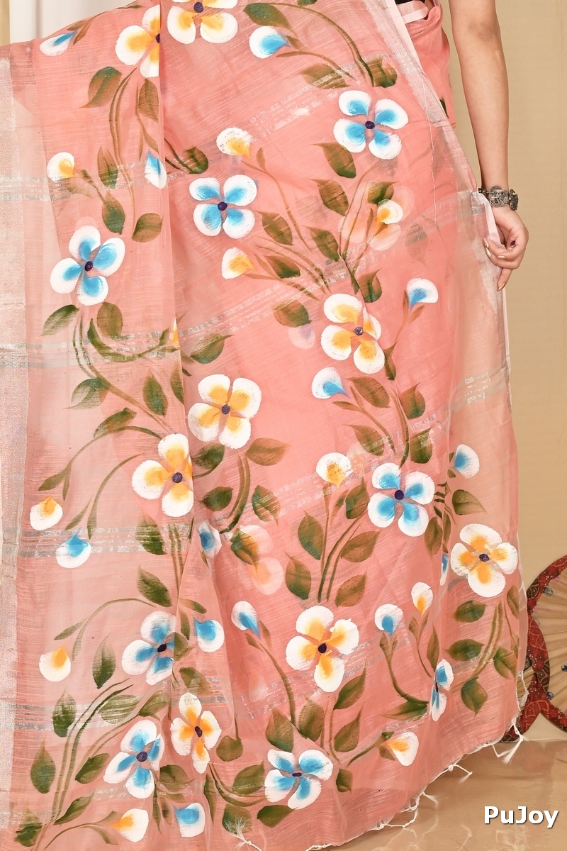 Peach Blended Cotton Tanikato Hand Painted Saree (1680)