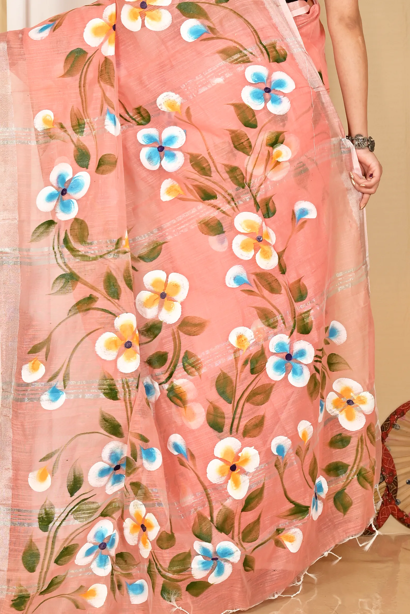 Peach Blended Cotton Tanikato Hand Painted Saree (1680)