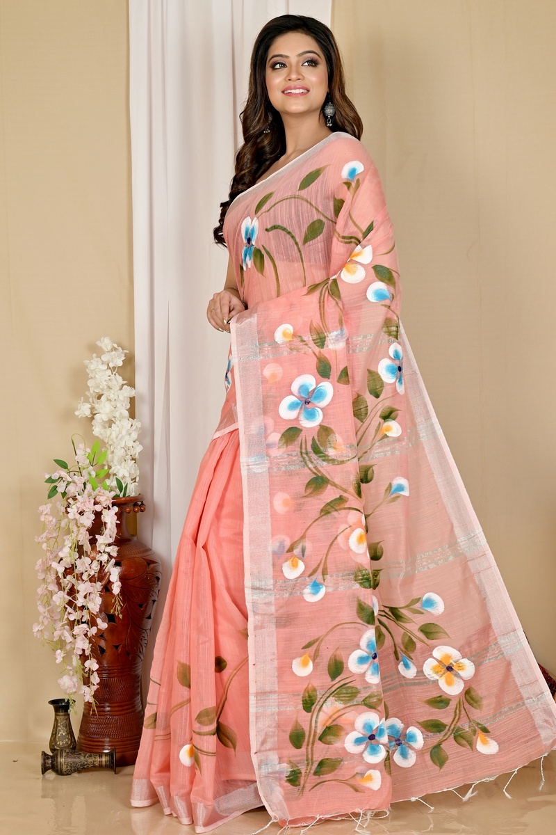 Peach Blended Cotton Tanikato Hand Painted Saree (1680)