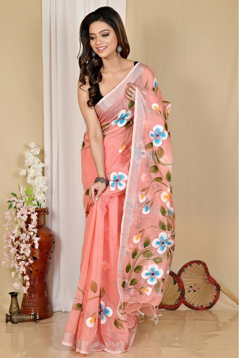 Peach Blended Cotton Tanikato Hand Painted Saree (1680)