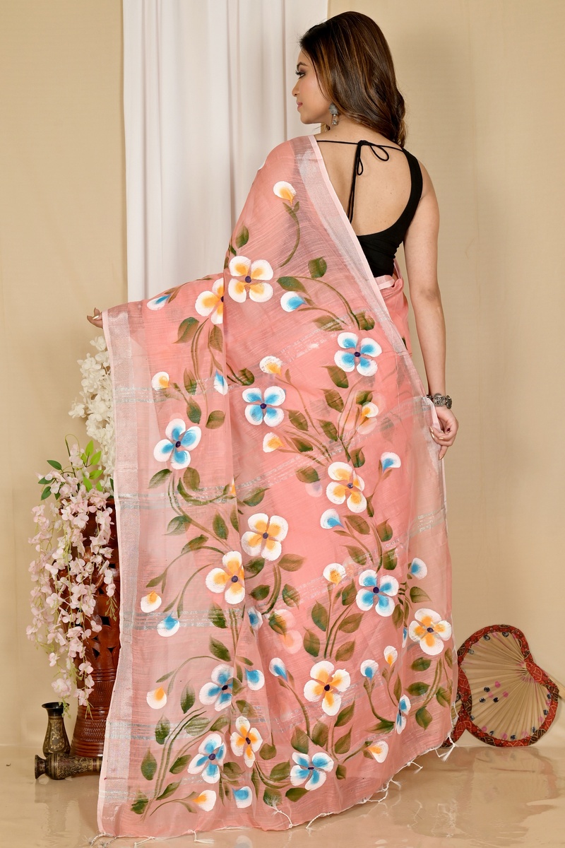 Peach Blended Cotton Tanikato Hand Painted Saree (1680)