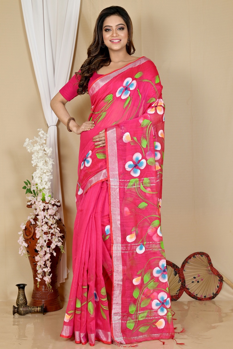 Pink Blended Cotton Tanikato Hand Painted Saree (1681)