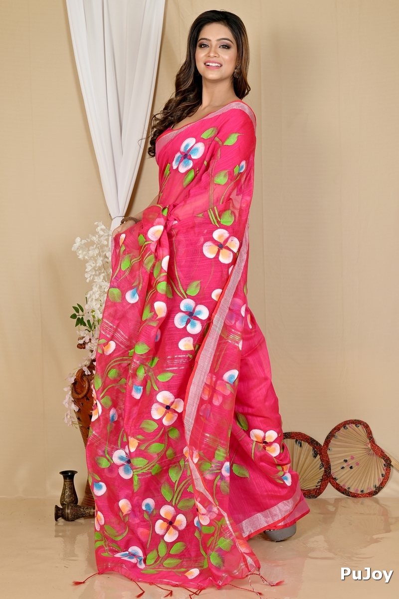 Pink Blended Cotton Tanikato Hand Painted Saree (1681)