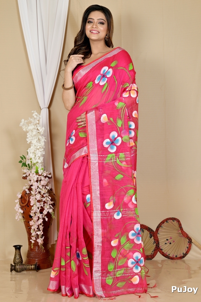 Pink Blended Cotton Tanikato Hand Painted Saree (1681)