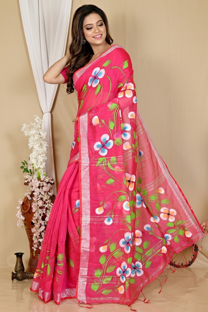 Pink Blended Cotton Tanikato Hand Painted Saree (1681)