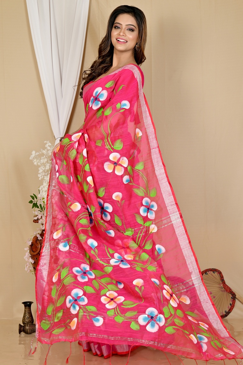 Pink Blended Cotton Tanikato Hand Painted Saree (1681)