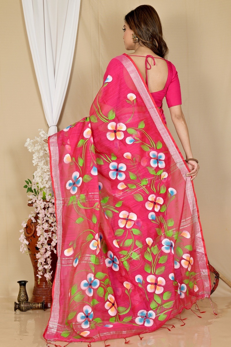 Pink Blended Cotton Tanikato Hand Painted Saree (1681)