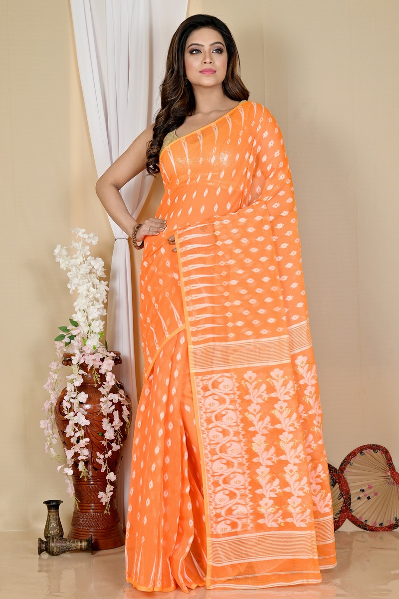 Orange Blended Cotton Rapial Jamdani Saree (1682)