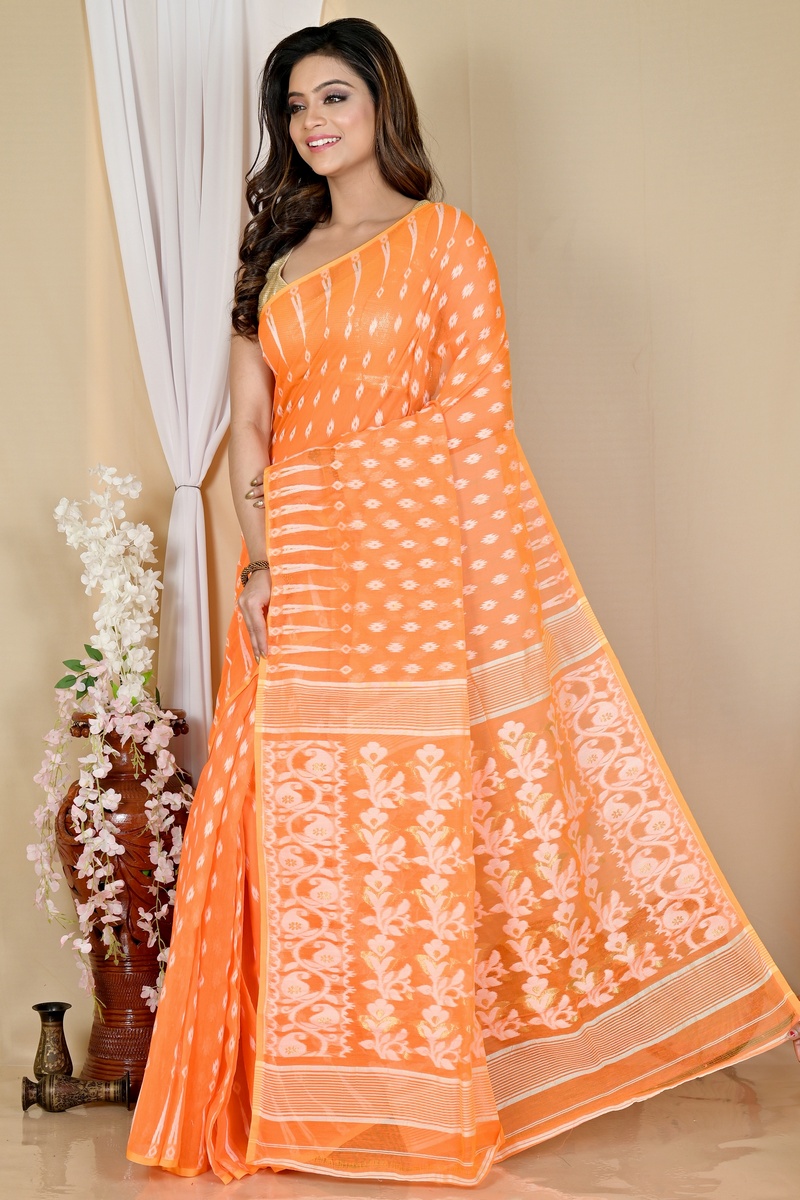 Orange Blended Cotton Rapial Jamdani Saree (1682)