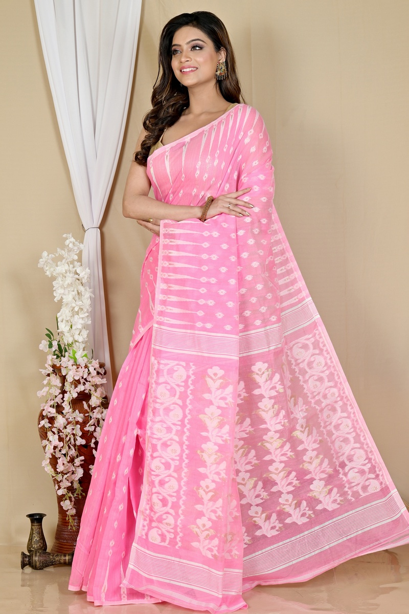 Pink Blended Cotton Rapial Jamdani Saree (1683)