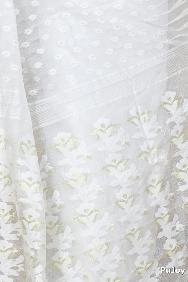 White Blended Cotton Rapial Jamdani Saree (1684)