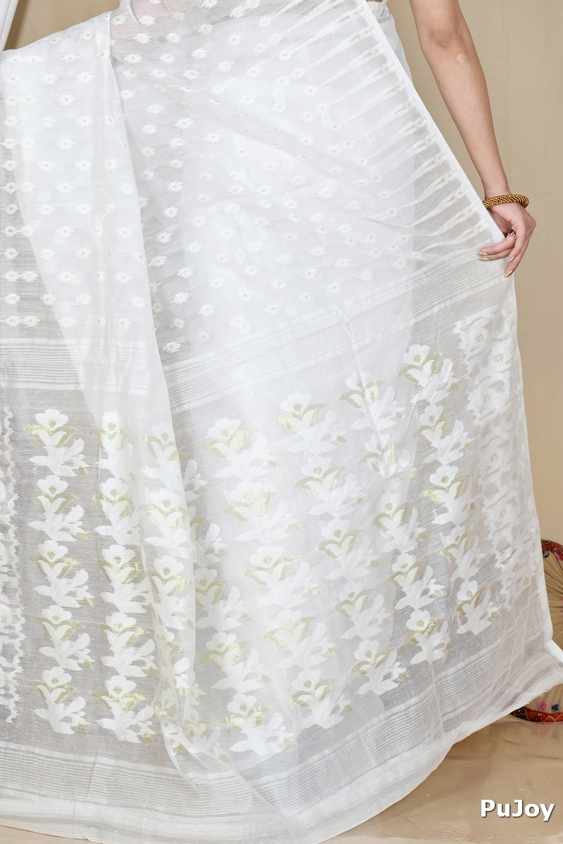 White Blended Cotton Rapial Jamdani Saree (1684)