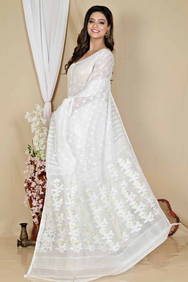 White Blended Cotton Rapial Jamdani Saree (1684)
