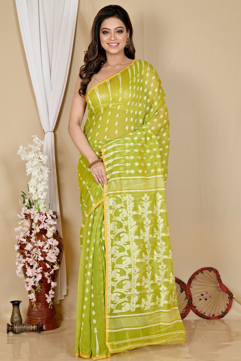 Green Blended Cotton Rapial Jamdani Saree (1685)