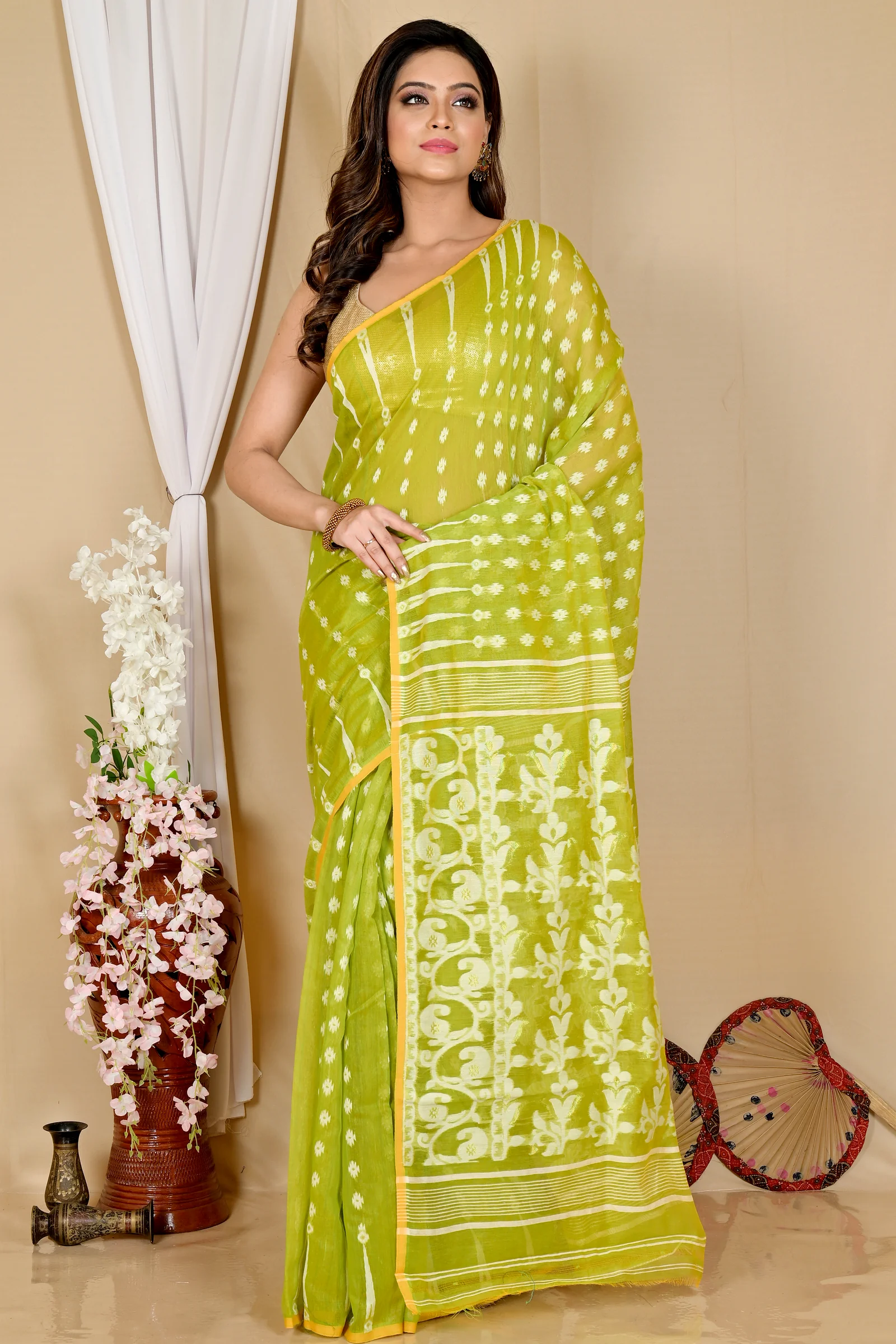 Green Blended Cotton Rapial Jamdani Saree (1685)
