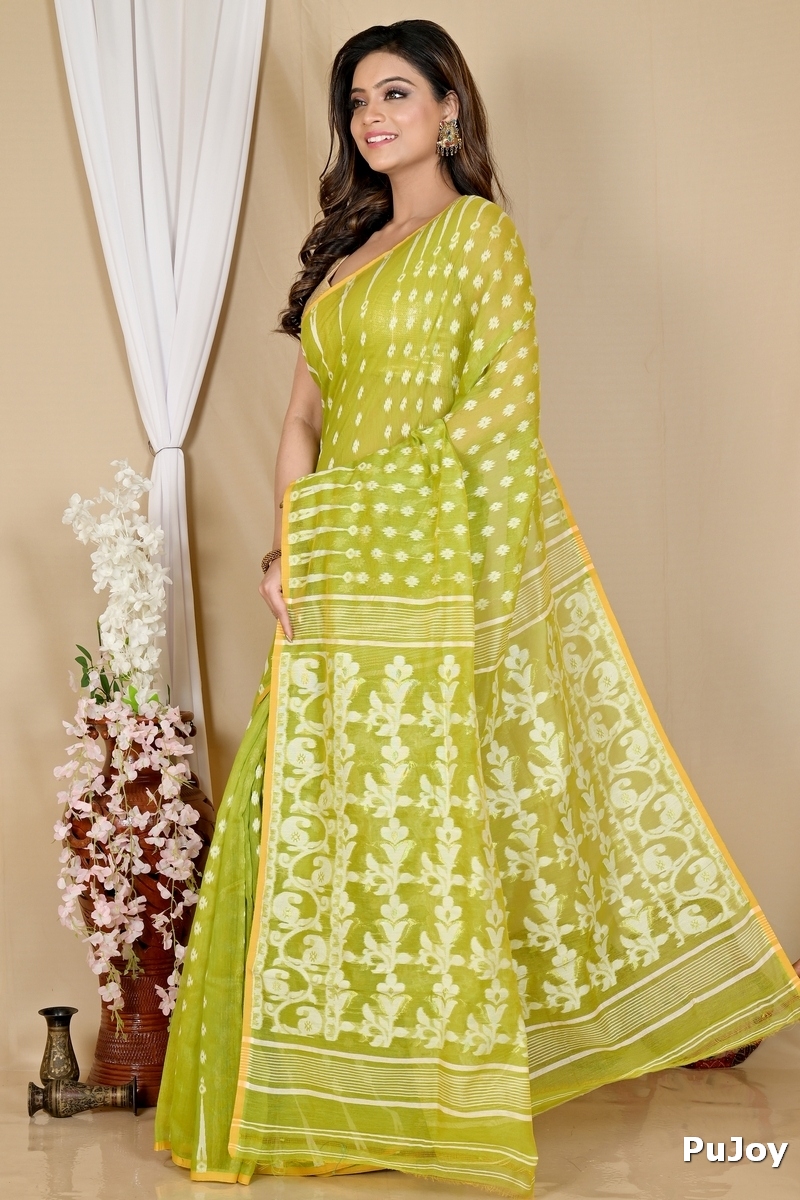 Green Blended Cotton Rapial Jamdani Saree (1685)