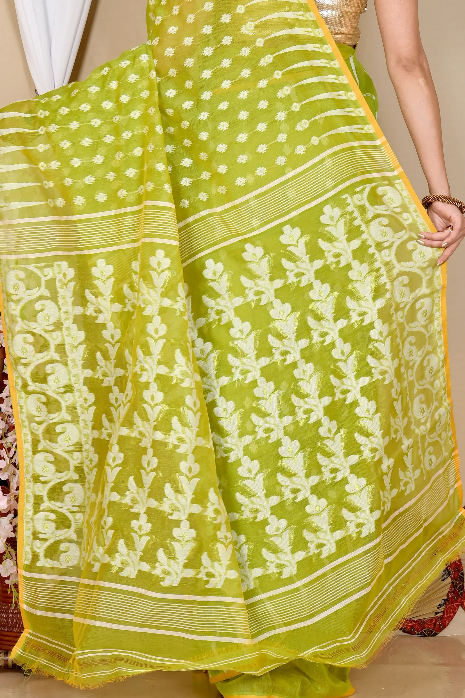 Green Blended Cotton Rapial Jamdani Saree (1685)