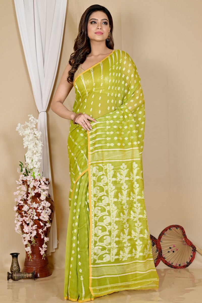 Green Blended Cotton Rapial Jamdani Saree (1685)