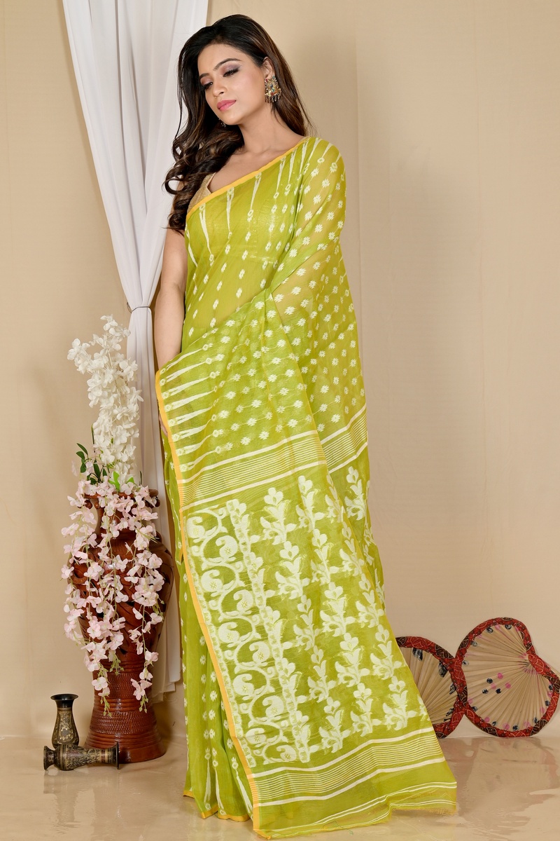 Green Blended Cotton Rapial Jamdani Saree (1685)