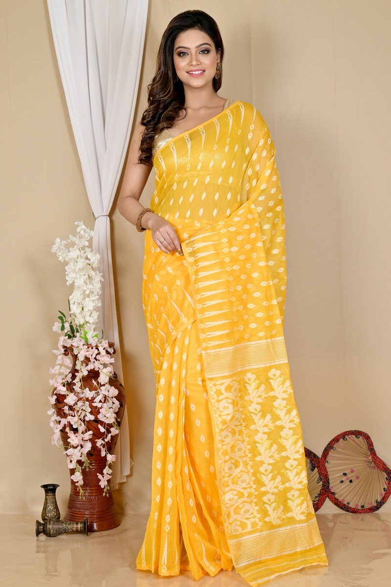 Yellow Blended Cotton Rapial Jamdani Saree (1686)