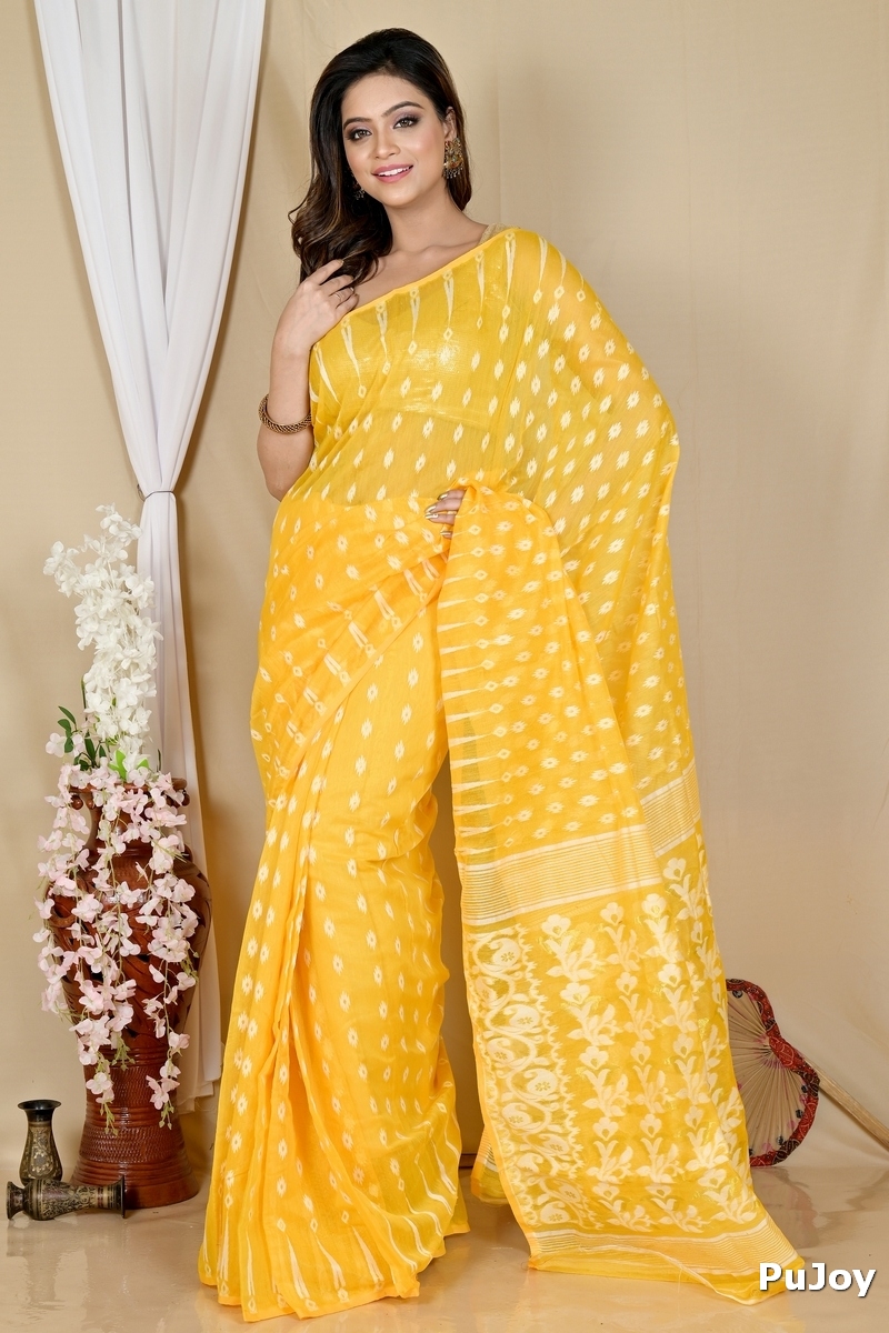 Yellow Blended Cotton Rapial Jamdani Saree (1686)