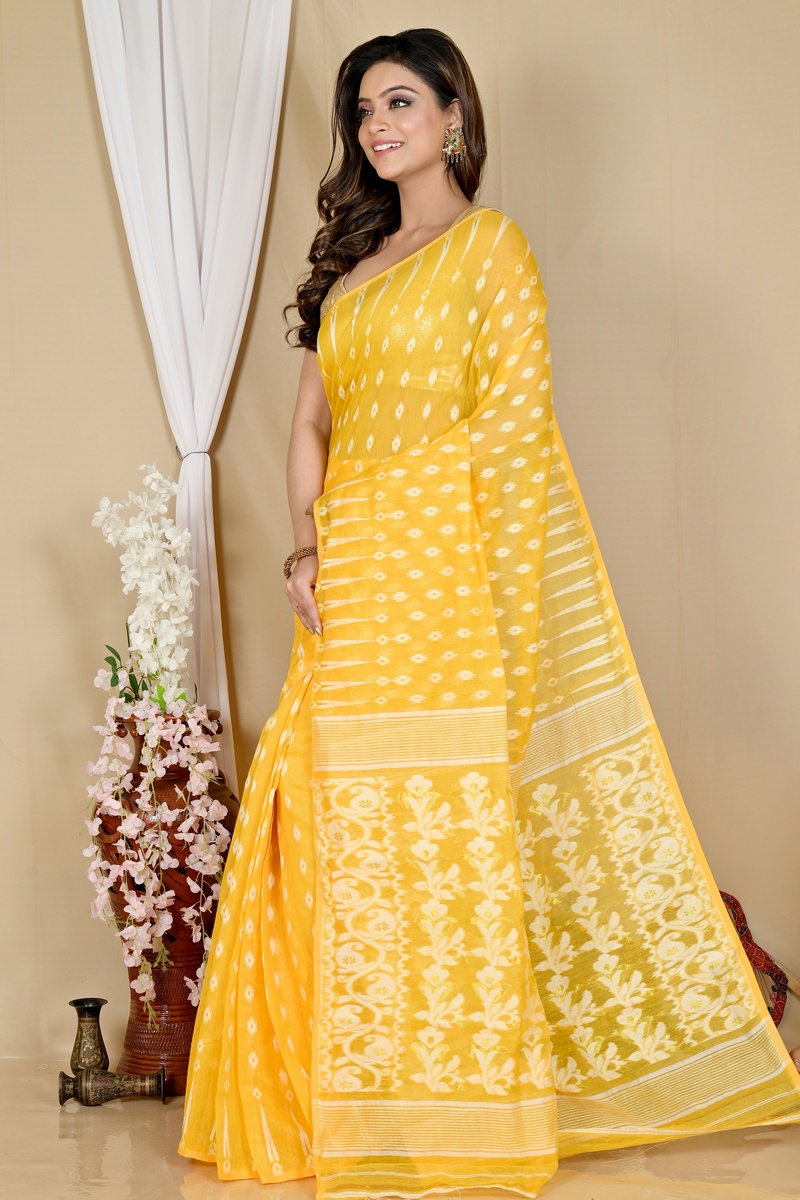 Yellow Blended Cotton Rapial Jamdani Saree (1686)
