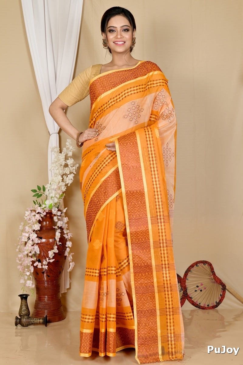 Orange Pure Cotton Krita Tant Saree (1691)