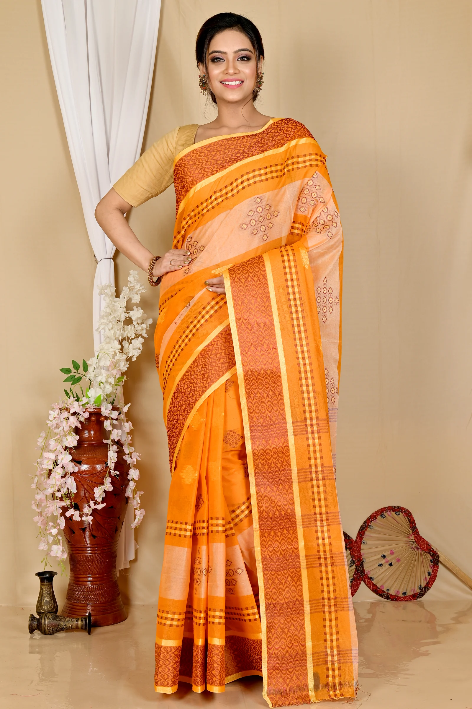Orange Pure Cotton Krita Tant Saree (1691)