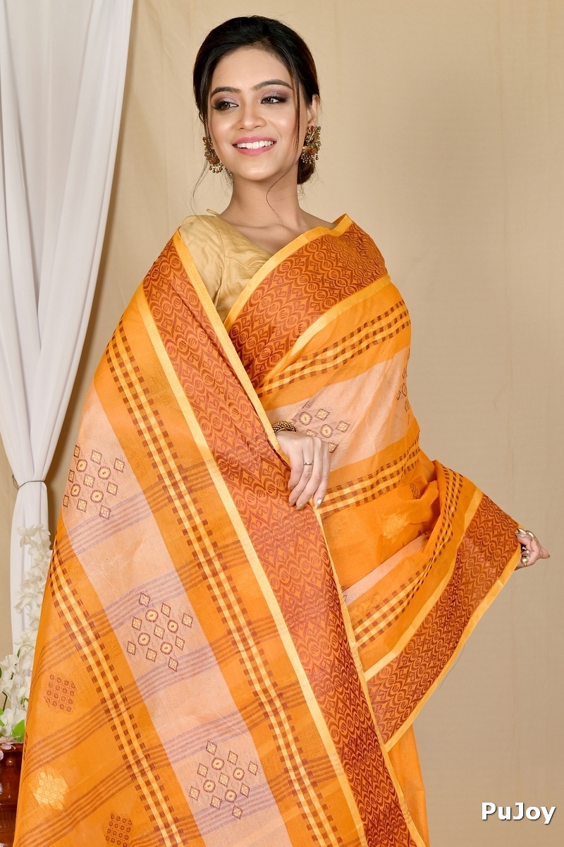 Orange Pure Cotton Krita Tant Saree (1691)