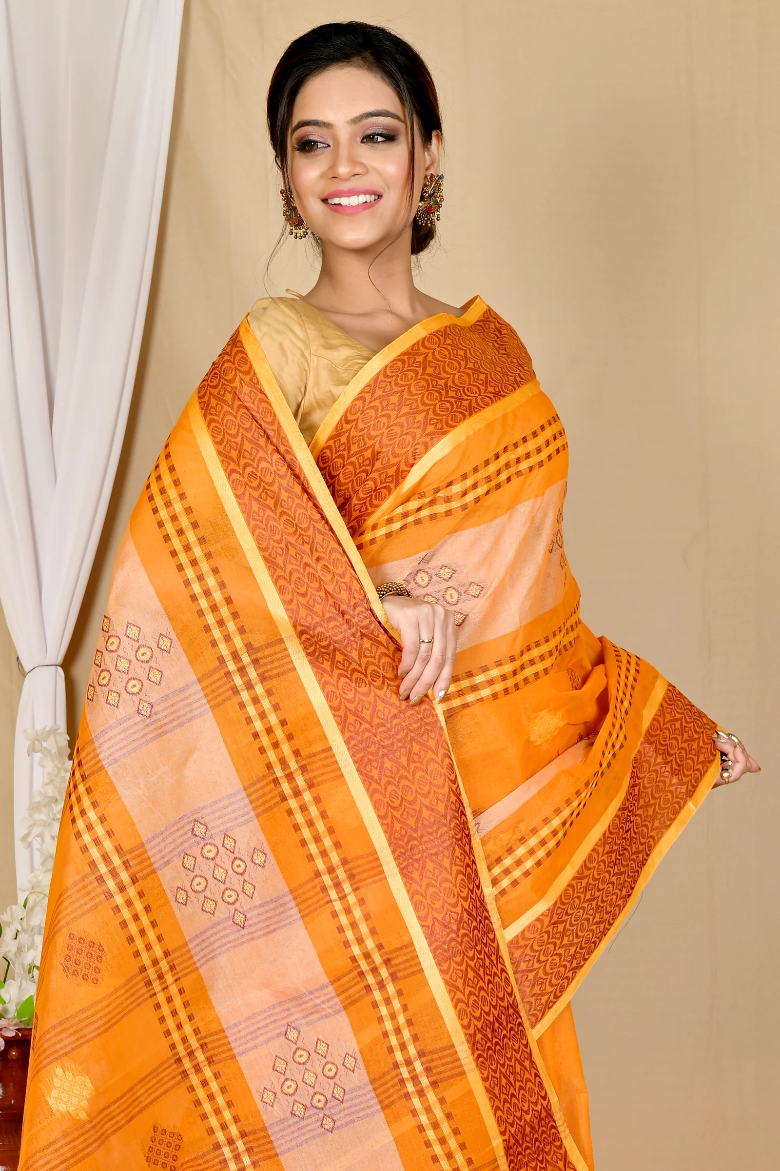 Orange Pure Cotton Krita Tant Saree (1691)