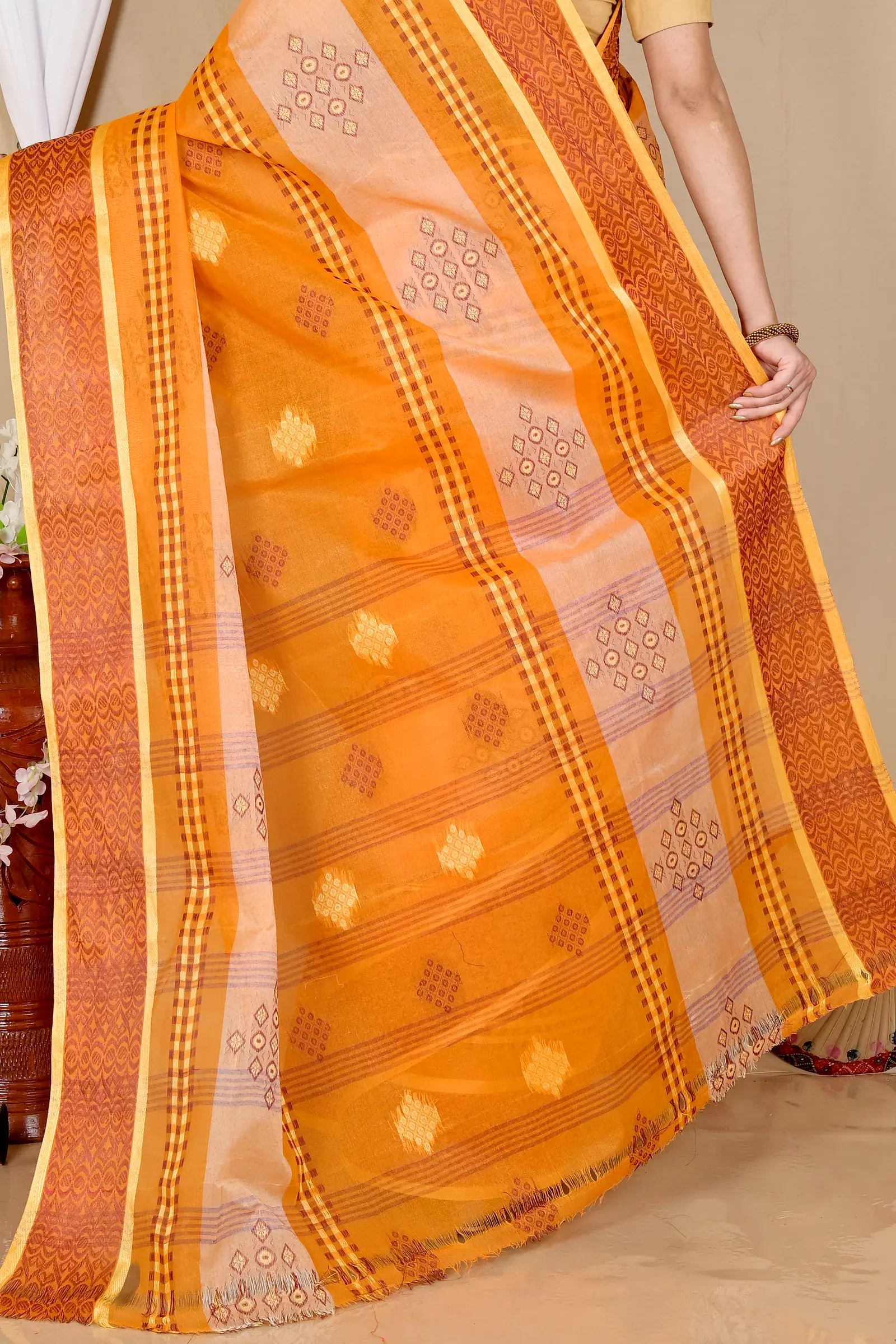 Orange Pure Cotton Krita Tant Saree (1691)