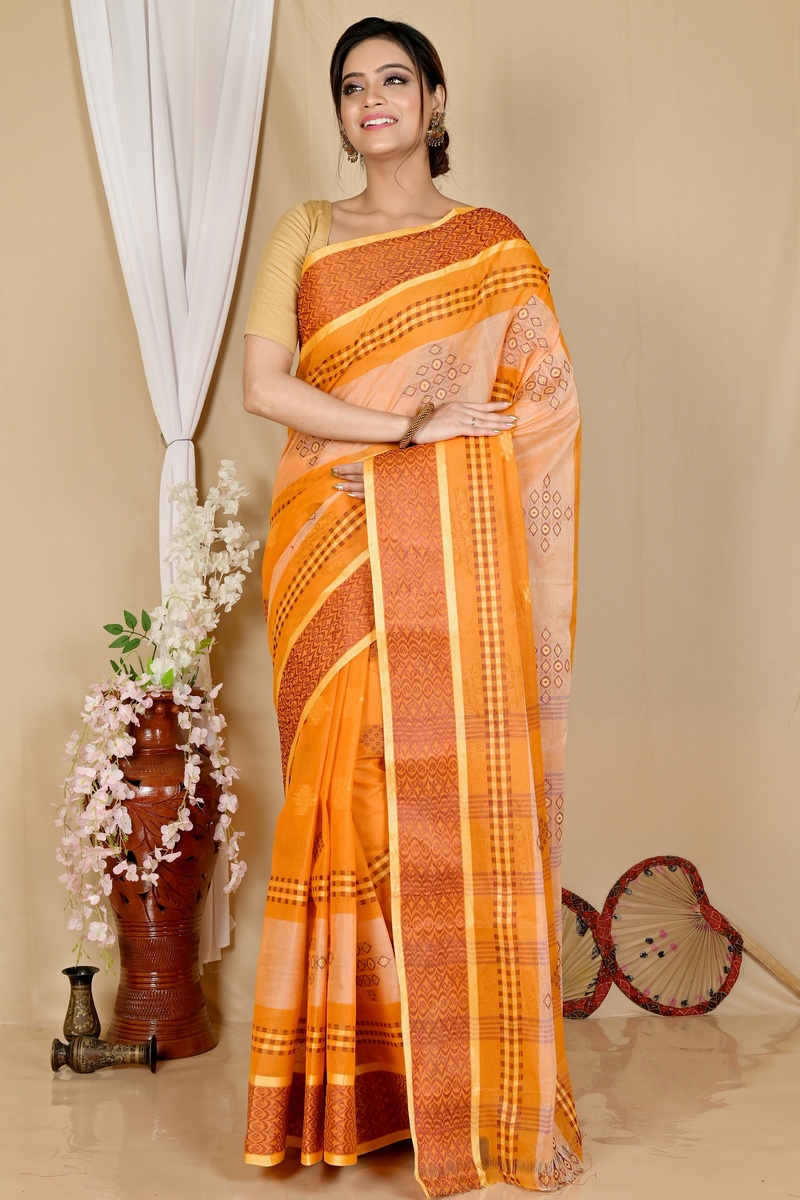 Orange Pure Cotton Krita Tant Saree (1691)