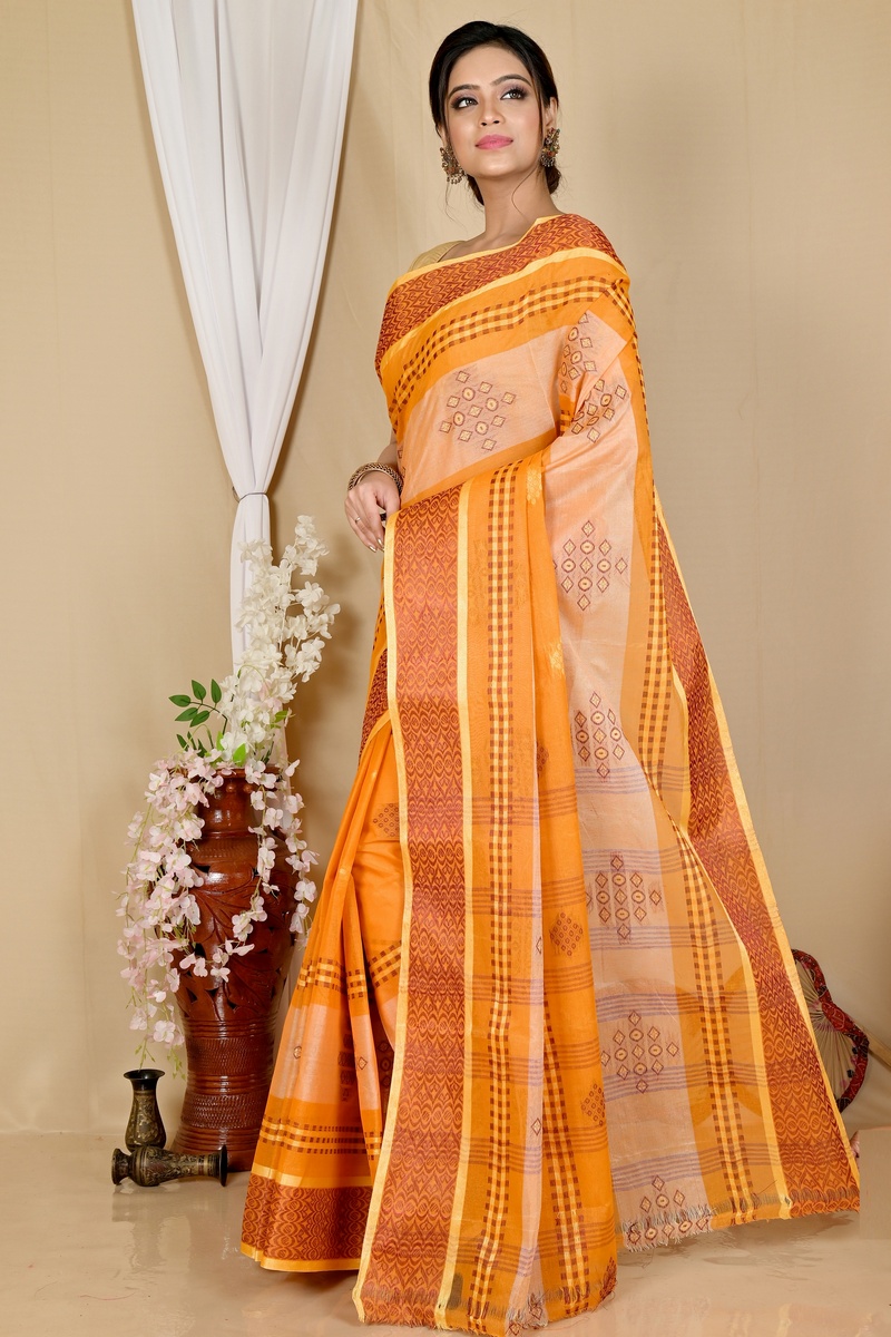 Orange Pure Cotton Krita Tant Saree (1691)