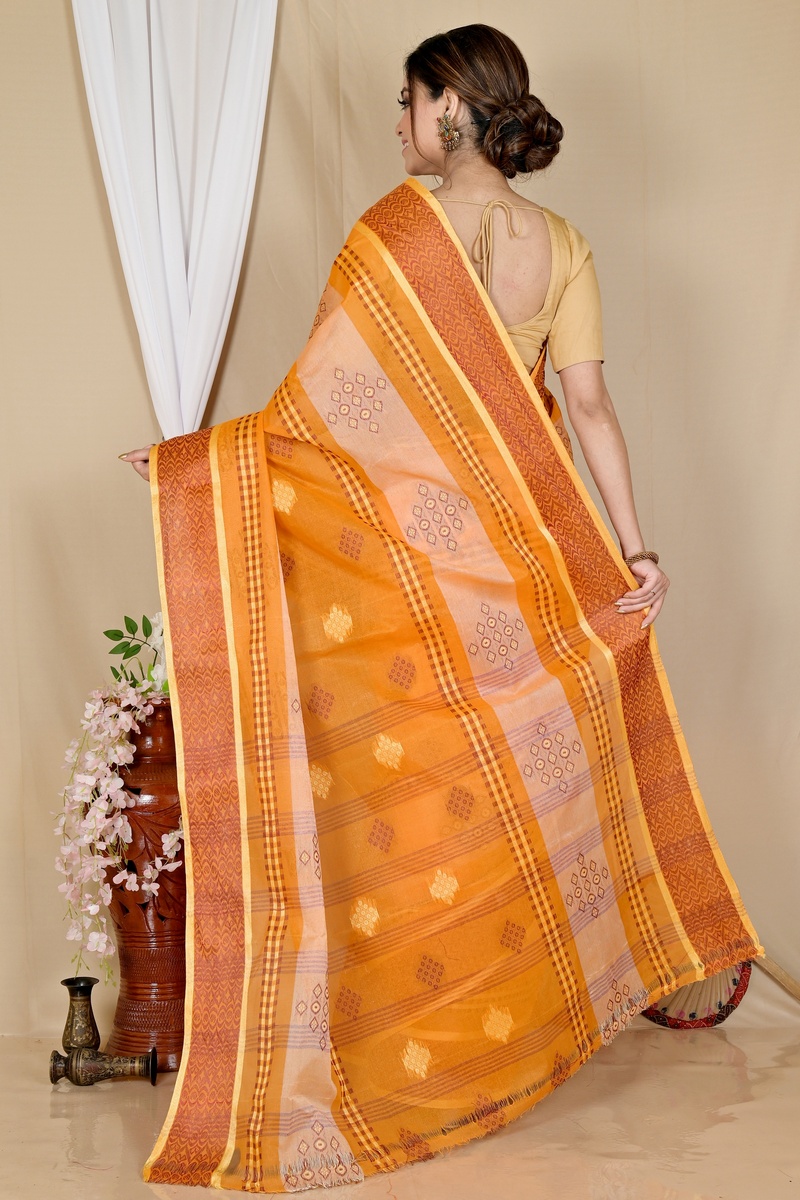 Orange Pure Cotton Krita Tant Saree (1691)