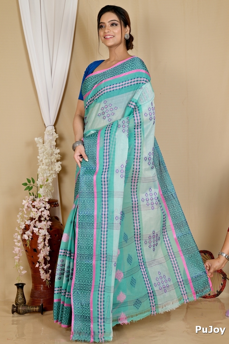 See Green Pure Cotton Krita Tant Saree (1692)