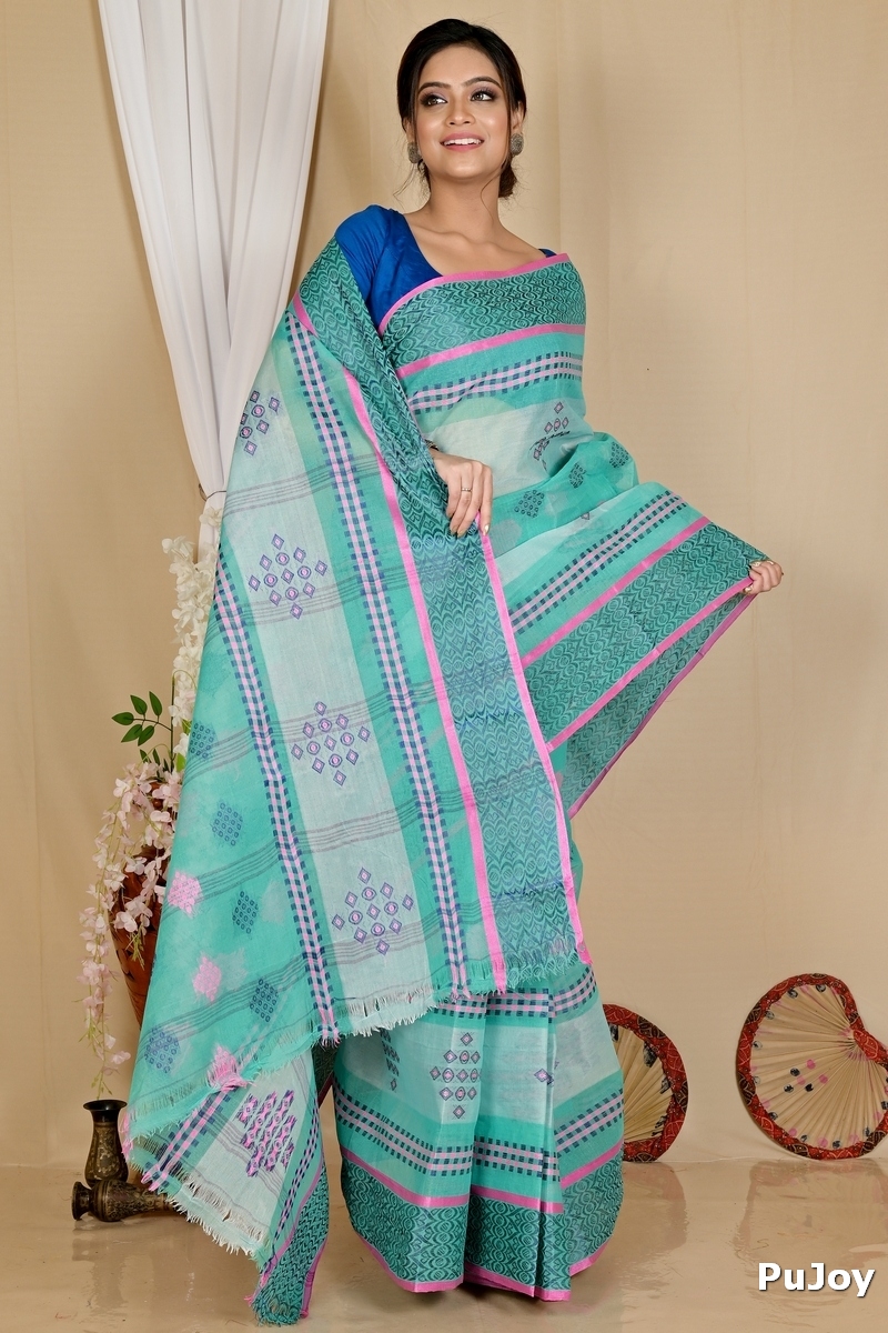 See Green Pure Cotton Krita Tant Saree (1692)