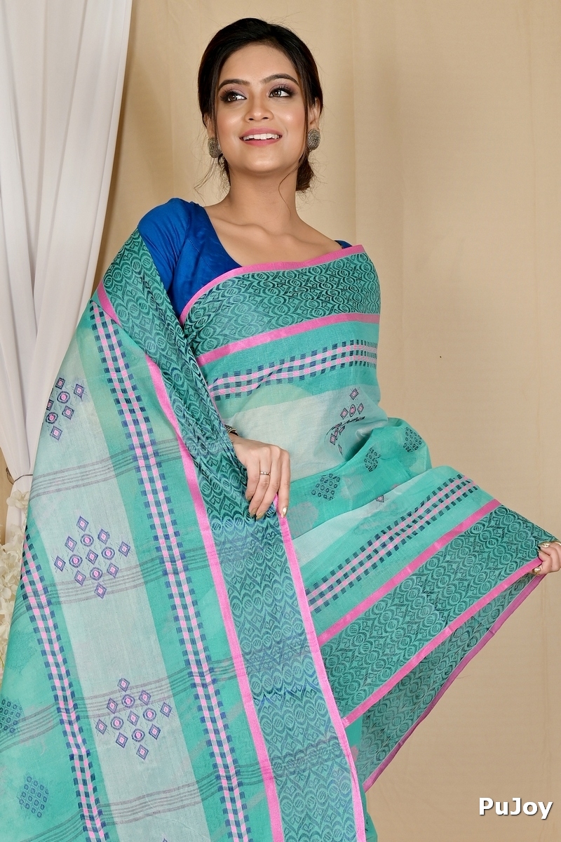 See Green Pure Cotton Krita Tant Saree (1692)